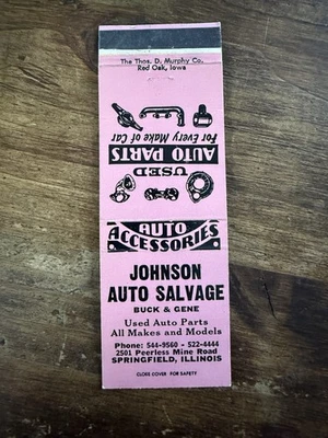 D661 Johnson Auto Salvage Springfield Illinois Vintage Matchbook Cover - Image 1 of 2