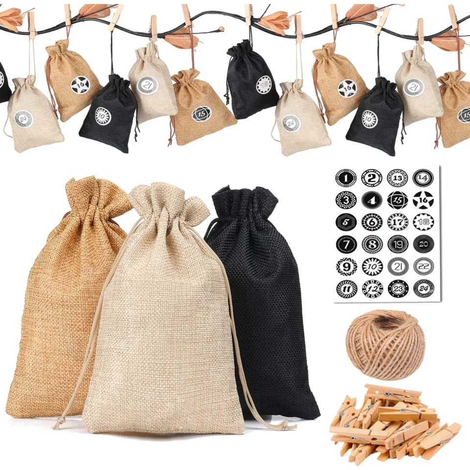 24-stückige Adventskalender Jutesäcke mit Zahlenaufklebern -  zum Basteln - Bild 1 von 1