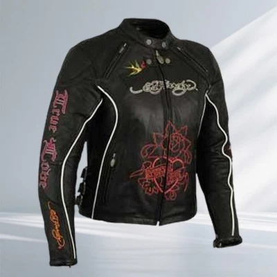 Ed Hardy Leather Motorcycle Jacket Tattoo Art Painted Armor Black Skull Y2K 90's - Image 1 of 4