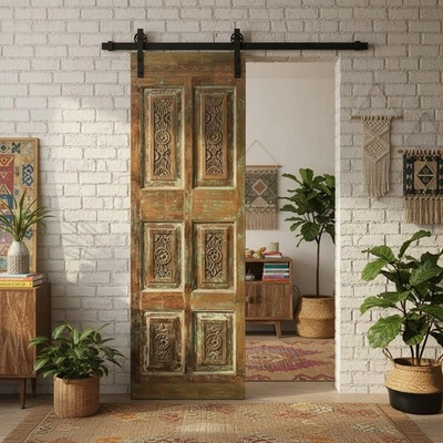 Painel de porta de madeira esculpida floral antigo rústico boho despensa armário porta celeiro 80x26 - Imagem 1 de 4