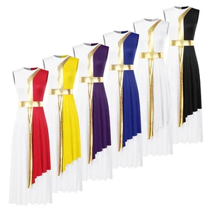 Women Costume Sleeveless Gowns Metallic Gold Dress Asymmetrical Dresses Worship - Picture 1 of 68