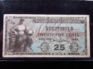 USA MPC Series 481 25 Cents Plate 76 9971# Military Payment Certificate Money - Picture 1 of 3