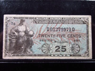 USA MPC Series 481 25 Cents Plate 76 9971# Military Payment Certificate Money - Image 1 of 3