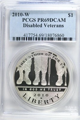 2010 W Proof Disabled Vets $1.00 Silver COMMEMORATIVE - PCGS PR 69 DCAM - Image 1 of 2