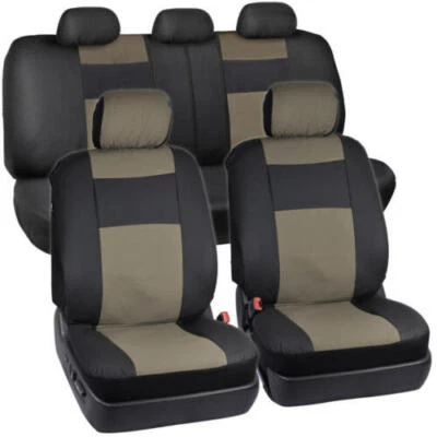 Juego completo de funda de asiento de coche de cuero sintético negro y beige BDK - dividida delantera y trasera B... Foto 1 de 4