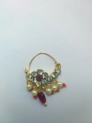 Gold Plated Crystal Nose Ring Indian Piercing Nath Fashion Jewelry Hoop Mrathi - Image 1 of 4