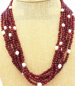 Splendida Collana di Perle 6 File Naturali 4MM Granato Rosso Sfaccettato Bianco 8-9MM 18" - Foto 1 di 6