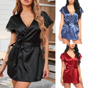 Women SexyShort Silk Robe with Lace Trim Babydoll Sleepwear Lingerie Mini Dress - Picture 1 of 28