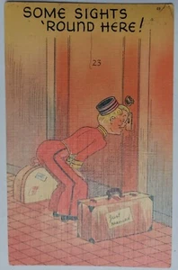 Comic Humor PC Some Sights Round Here Vtg Luggage Just Married Peeping Bellhop - Picture 1 of 2