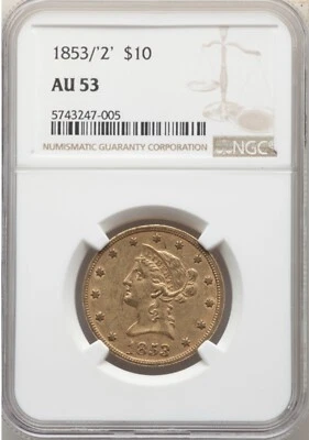 1853/'2' $10 GOLD LIBERTY HEAD EAGLE NGC AU 53 - Image 1 of 4