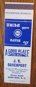 CUBIERTA DE MATCHBOOK DE GASOLINERA PURA: J.R. DAVENPORT DEEP RUN, CUBIERTA DE MATCH NC -D19 - Imagen 1 de 2