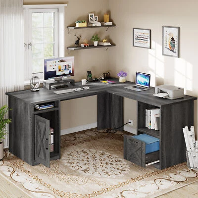 60 Inch L Shaped Desk with Power Outlets Corner Computer Desk with File Drawer - Image 1 of 4