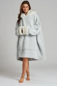 Loungeable Grey Tipped Fleece Faux Fur Hood & Cuffs Oversized Snuggle Hoody - Picture 1 of 7