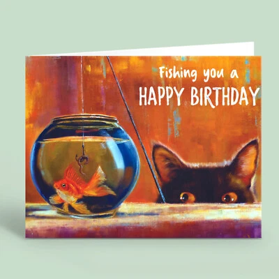 FABULOUS FELINES Fishing You a Happy Birthday Funny Greeting Card by Lucia Heffernan Art Humorous