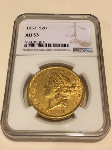 1853 AU53 NGC Liberty Double Eagle $20 Gold Coin sharp nice appeal (no PCGS) Cover