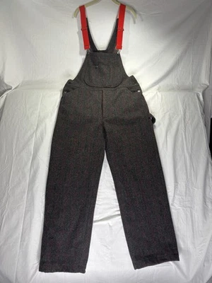 Vintage Woolrich 1994 Medium Malone Gray Plaid Wool Bibs Overalls Red Suspenders - Image 1 of 4