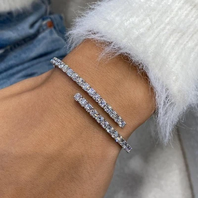 14k White SILVERTennis Bracelet, Round Cut Lab Created Diamond Bangle Bracelet, - Image 1 of 4