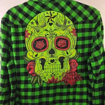 Ironfist Green Black Plaid Flannel Skull Pearl Snap Shirt Size Medium - Image 1 of 4