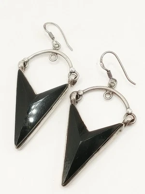 Orecchini Donna Argento 925 Vintage A Punta Di Lancia Onice Lobo Pendenti  - Immagine 1 di 4