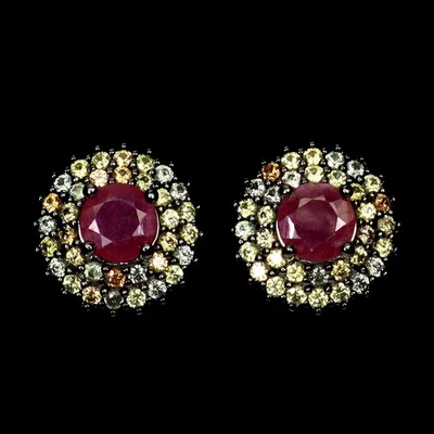 925 Sterling Silver Earrings Round Ruby 6mm Sapphire Natural Gemstone Jewelry - Image 1 of 4