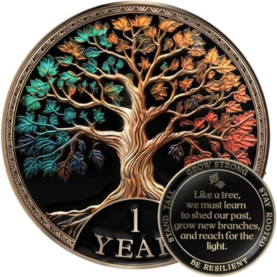 Sobriety Coin Gift Set 1 Year Tree of Life AA Chip with Capsule Stand and Card - Image 1 of 4