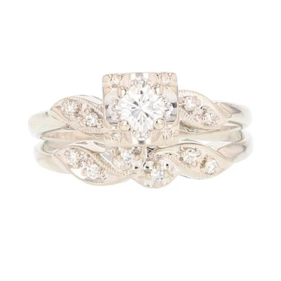 Conjunto de casamento estilo antigo diamante 0,27 ctw com detalhes ouro branco 14k tamanho 6,5 - Imagem 1 de 4