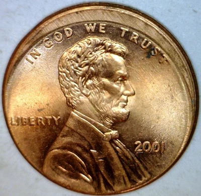 2001 ERROR OFF CENTER Lincoln Cent NICE BU + RED O/C Coin  FREE SHIP - Image 1 of 2