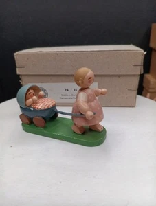 ERZGEBIRGE Mother BABY CARRIAGE Wood Figurine GERMANY Vintage Miniature With Box - Picture 1 of 8