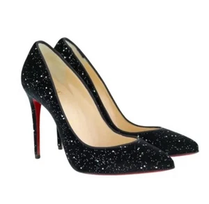 Christian Louboutin Black Glitter Velvet Pigalle Follies Pointed Toe Pumps - Picture 1 of 7