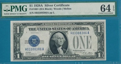 $1.00 1928-A  FR.1601 FUNNY BACK BLUE SEAL SILVER CERTIFICATE PMG  64EPQ - Image 1 of 2