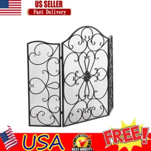 Black Metal Foldable Scroll Fireplace Screen W/ 3 Panel Mesh Netting 49"x 36" Us - Picture 1 of 9