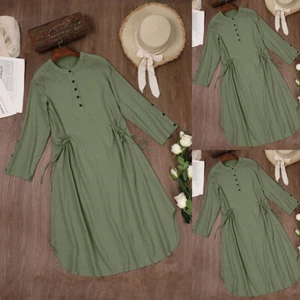 Women Ladies Linen Button Tunic T-Shirt Dress Casual Baggy Tops Blouse Plus Size - Picture 1 of 13