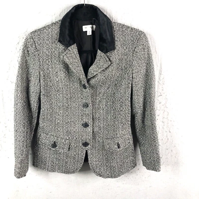 Blazer Isaac Mizrahi Para Mujer 6 Negro Blanco Tweed Preppy Academia Y2K Borde Terciopelo Foto 1 de 4