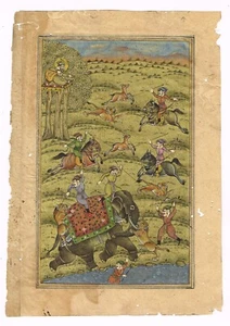 Mughal Miniature Painting Of Emperor Hunting The Lion Scene Art 5x7 Inches - Picture 1 of 5