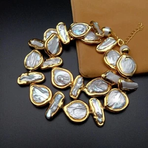 Freshwater Cultured White Biwa Pearl Coin Pearl Gold plated Necklace 19" - Picture 1 of 4