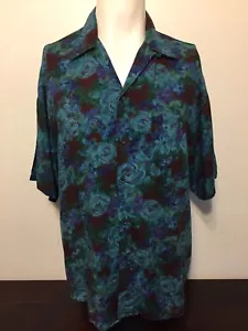Vintage 1980s Bon Homme Floral Shirt M Rayon Aqua Blue Purple New Romantic Wave - Picture 1 of 6
