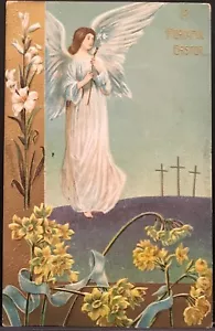 Pasqua ~ Bellissimo angelo galleggia sopra terra e tre croci ~ narcisi gigli - Foto 1 di 2