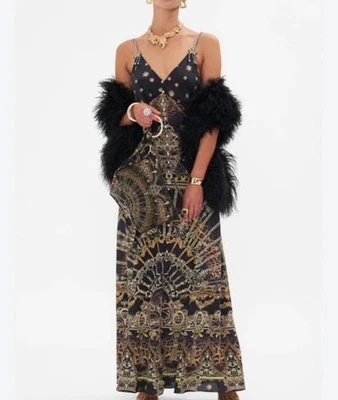 Maxi Vestido Camilla Talla XL Enmascarado a la Luz de la Luna Seda Joyas Negro Dorado Foto 1 de 3