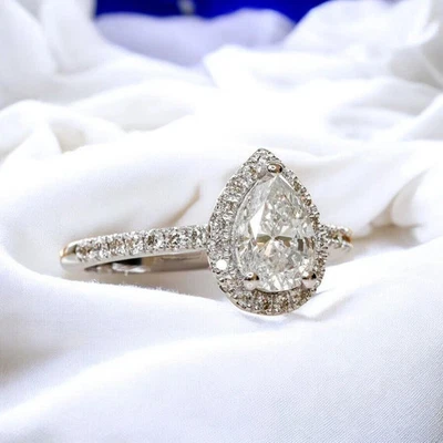 3.00Ct Pear Cut Lab Grown/CVD Diamond Halo Engagement Gift Ring 14k White Gold - Image 1 of 4