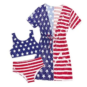 Girls Swimsuit 3 Piece Bikini Bathing Suit Quick Dry Swimwear 7-8 Years Flag - Picture 1 of 6