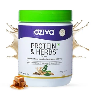 OZiva Protein & Herbs for Men (Banana Caramel) I Muscle Building 1lbs (453gm) - Picture 1 of 8