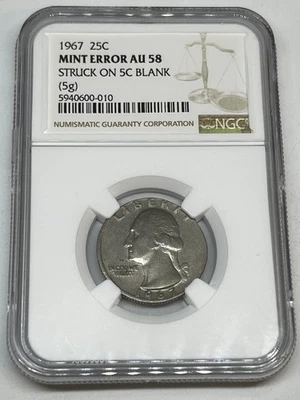 1967 Washington Quarter Mint Error 25c Struck on 5C Nickle Planchet 5g NGC AU58 - Image 1 of 4