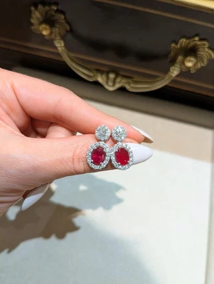 Oval Cut 6.32 Ct Natural Red Ruby & Diamond Lovely Earring Stud 14K White Gold - Image 1 of 4