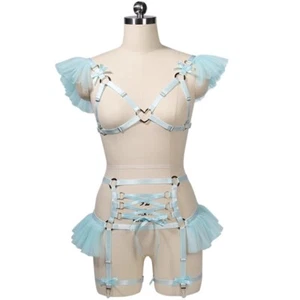Pastel Bow Chiffon Body Harness Kawaii Cosplay Sexy Heart Buckle Erotic Outfit - Bild 1 von 14