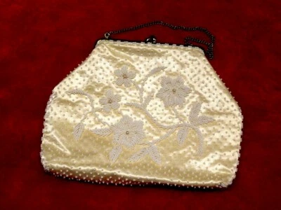 Vintage 1960s Hong Kong White Satin Flower Beaded Jewel Handbag Purse Rockabilly - Image 1 of 4
