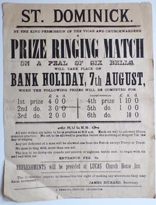 1899 SAINT DOMINICK CORNWALL Campanology CHURCH BELLS RINGING MATCH Poster St. - Picture 1 of 7