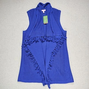Lilly Pulitzer Knit Vest Womens MEDIUM Blue Open Front Fringe Trim Cardigan - Picture 1 of 9