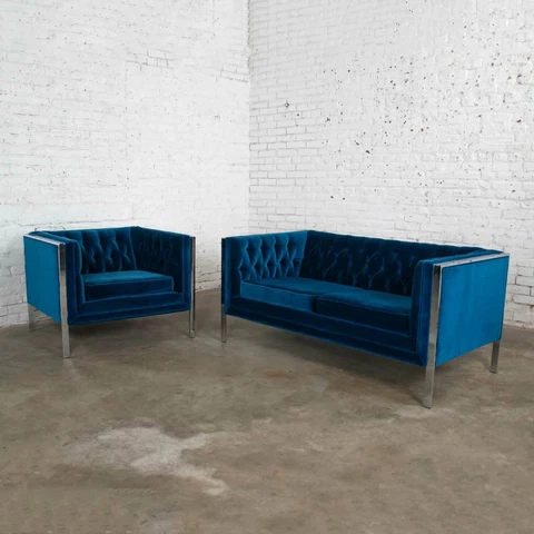 MCM Royal Blue Velvet & Chrome Cube Loveseat & Chair After Milo Baughman Cover
