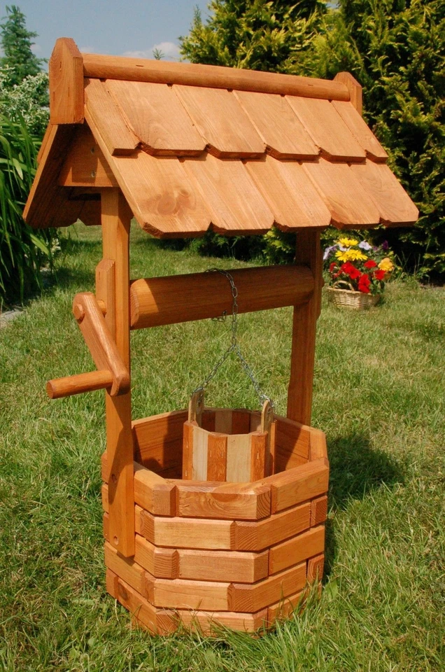 Holzbrunnen 75cm Gartenbrunnen imprägniert massiv Garten Deko Zierbrunnen Neu - Bild 1 von 1