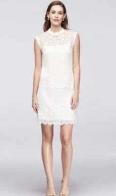 New David's Bridal Lace High Neck Knee Length Wedding Dress Large Ivory - Image 1 of 4